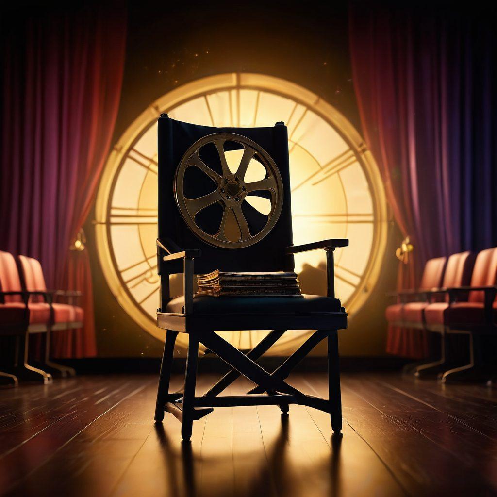 A dazzling film reel unfurling like a scroll, revealing snippets of vibrant movie scenes, golden awards glittering around it, and a film director's chair in the foreground. Enveloping the scene, an ethereal glow symbolizes the magic of storytelling. In the background, subtle silhouettes of cinema-goers immersed in the experience, hinting at the upcoming films and trends. super-realistic. vibrant colors. cinematic style.