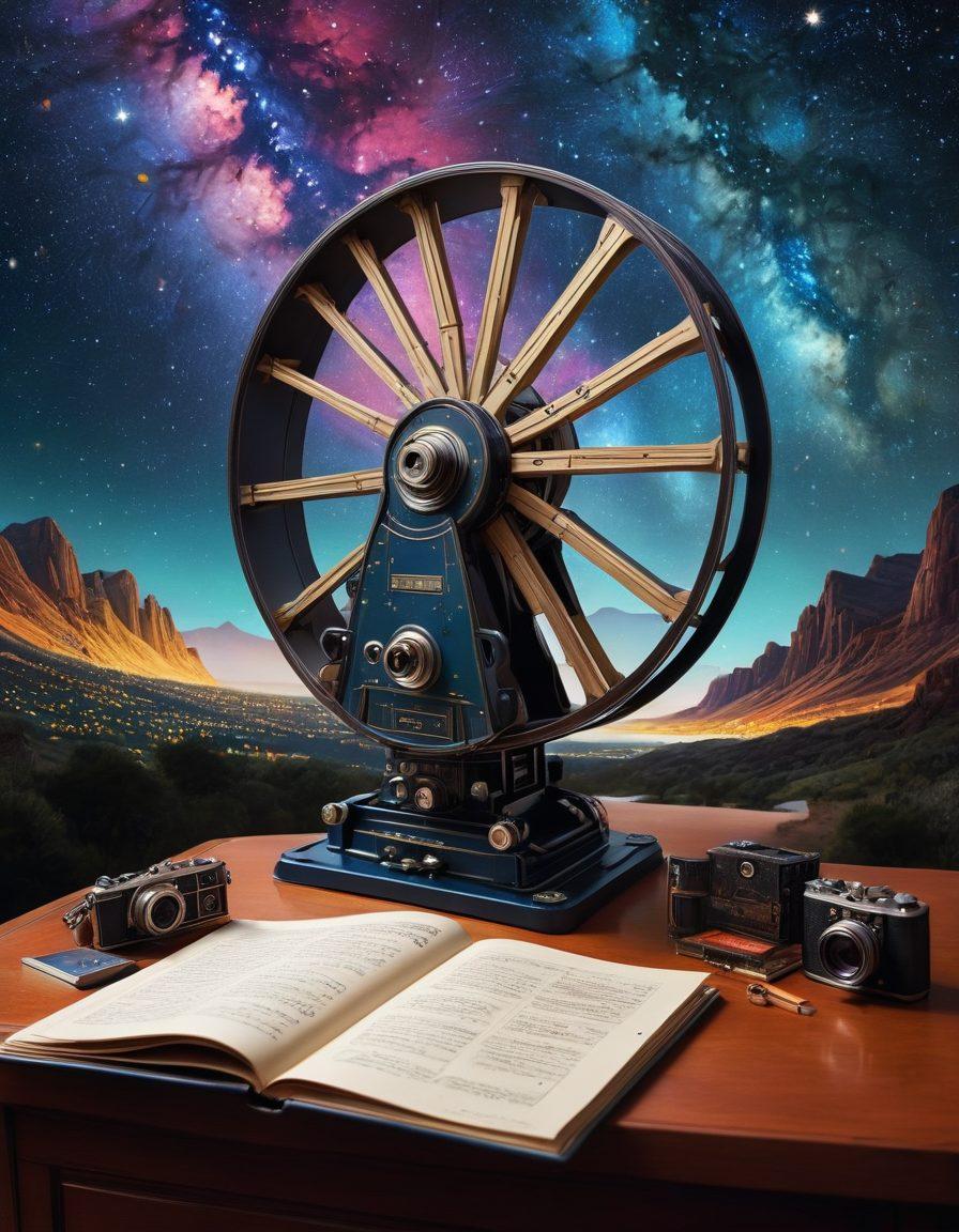 A cinematic landscape featuring a vibrant film reel swirling around iconic movie scenes, adorned with colorful posters of new releases and classic films. Include a film critic’s notebook and a vintage camera resting on a director's chair, signifying reviews and explorations in cinema. The background should be a starry night sky, evoking a sense of wonder and imagination. super-realistic. vibrant colors. 3D.