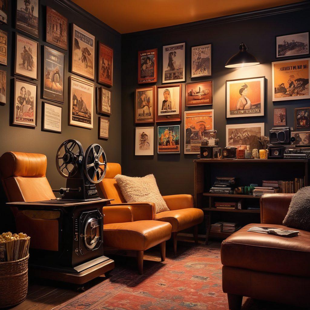 A cinematic scene featuring a vintage film projector casting vibrant movie frames on a textured wall, surrounded by iconic film posters and a cozy viewing setup with plush chairs. Include elements like popcorn and a clapperboard to evoke film nostalgia, with soft ambient lighting to create a warm atmosphere. super-realistic. vibrant colors. cozy ambiance.